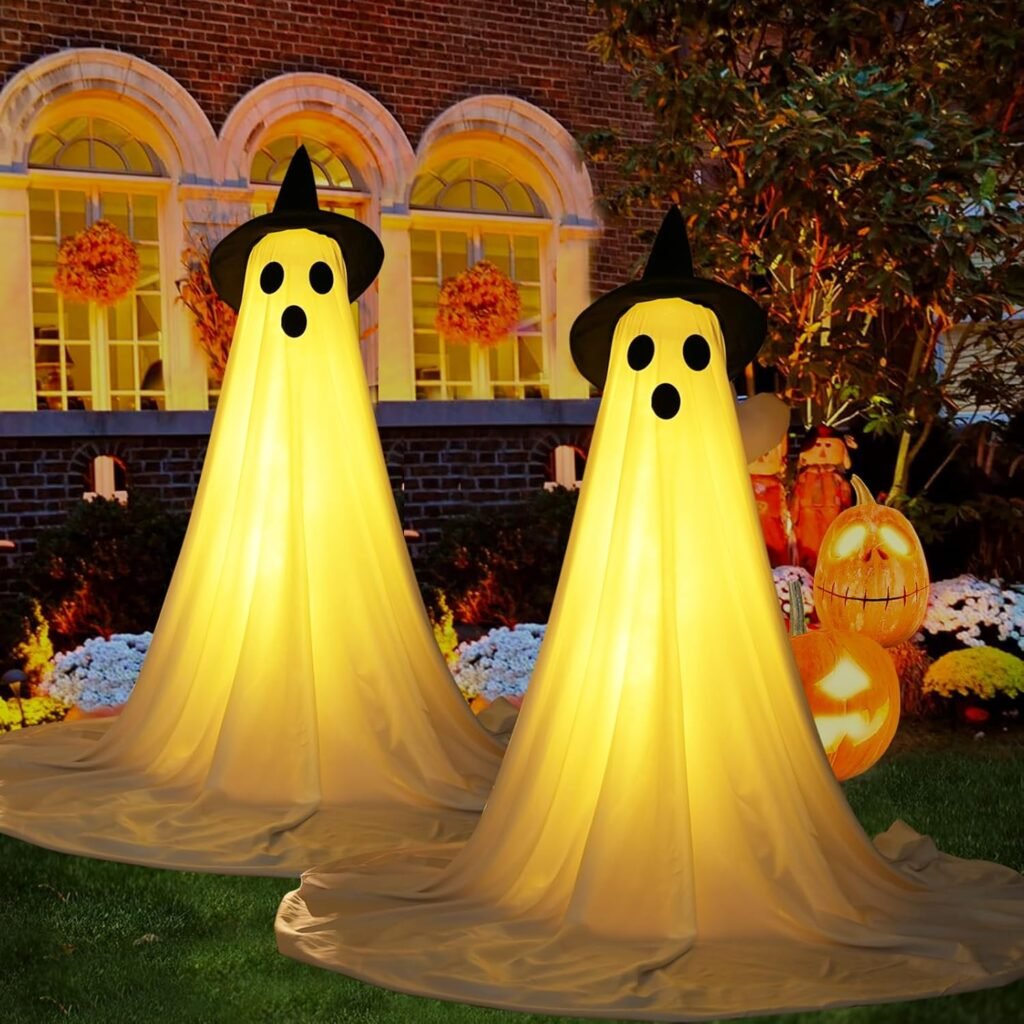 Spooky Ghost Halloween Decorations with LED Lights and Witch Hat (2 Pack)