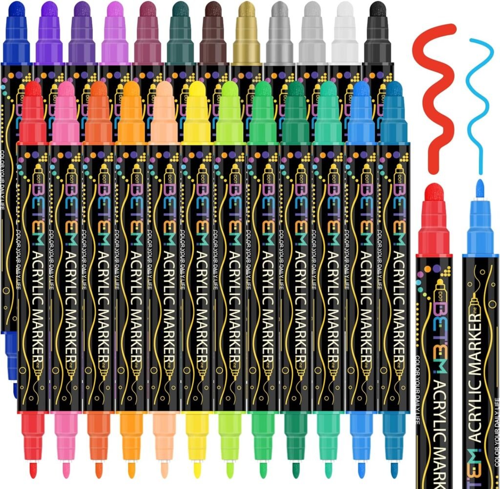 Premium 24 Colors Dual Tip Acrylic Paint Pens Markers for Wood, Canvas, Stone, Glass, Ceramic Surfaces